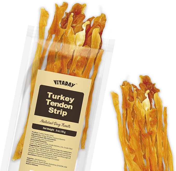 Turkey Tendon for Dogs, Turkey Tendon Strip 3 oz, 100% Natural, USA-Sourced, High-Protein, Low-Fat, Long-Lasting Dog Chew, Rawhide Alternative, Hypoallergenic Puppy & Dog Treats