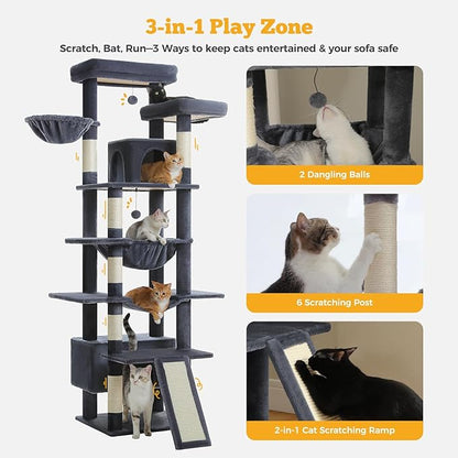 81" Heavy Duty Cat Tree for Large Cats up to 20lbs - Extra Tall Cat Tower with Metal Frame Hammock, 6 Sisal Scratching Posts, 2 Perches - Indoor Cat Furniture for Maine Coon, Dark Gray