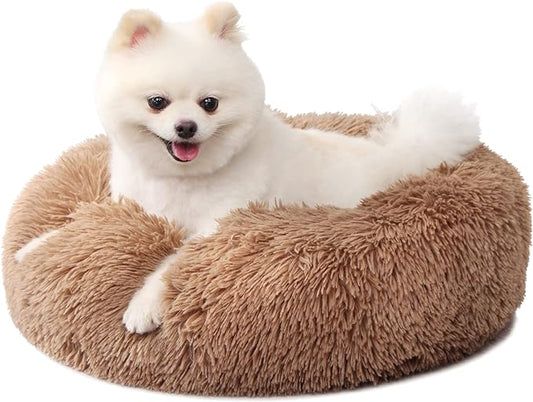 nononfish Small Puppy Beds for Small Dogs Washable - 19 Inches Round Faux Fur Pet Bed for Puppy and Cat Donut Fluffy Plush Orthopedic Doggy Beds Relief Improved Sleeping,Camel