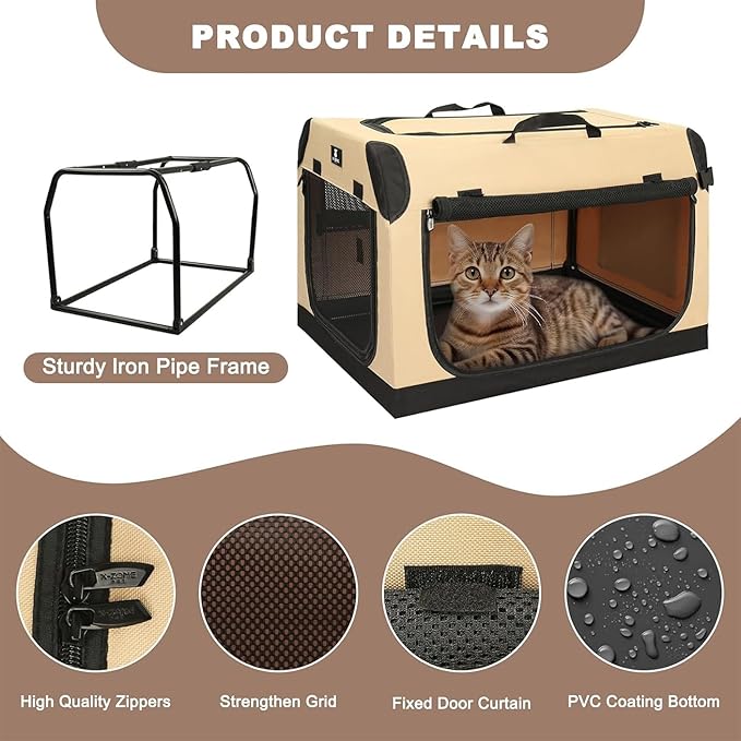 X-ZONE PET Dog Crate Travel Cage for Medium Dogs Portable Collapsible Cat Kennel with 3-Door Durable and Easy Clear Indoor & Outdoor Pet Home 32 '' Beige