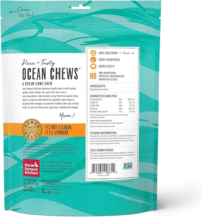 The Honest Kitchen 3 Pack of Crispy Cod Fish Skins Ocean Chews Single-Ingredient Dog Treats, 5.5 Ounces Each