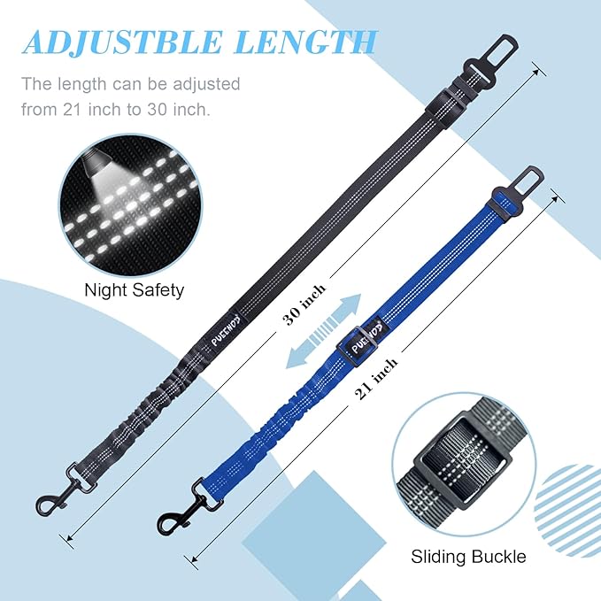 2 Pack Dog Seat Belt Adjustable Dog Car Seatbelts for Vehicle Nylon Pet Safety Seat Belt with Elastic Bungee Buffer Reflective & Durable Car Harness for Dogs (Black + Blue)