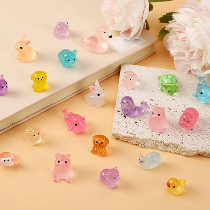 56 Pcs Luminous Mini Resin Animals,Glow in The Dark Tiny Resin Animals Variety Pack Small Farm Ocean Figures to HideGarden Fairy Accessories Party Decorations Favors