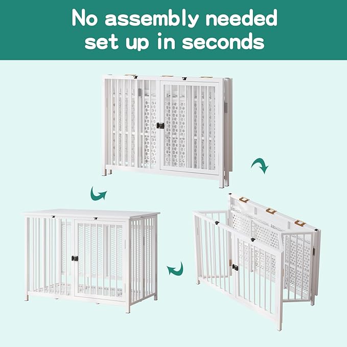 Heavy Duty Dog Crate Furniture, Fully Assembled exc. Locks, All Metal Frame & Wooden Tabletop, Modern Kennel for Small/Medium Dog, End Table, Sturdy, Foldable, White