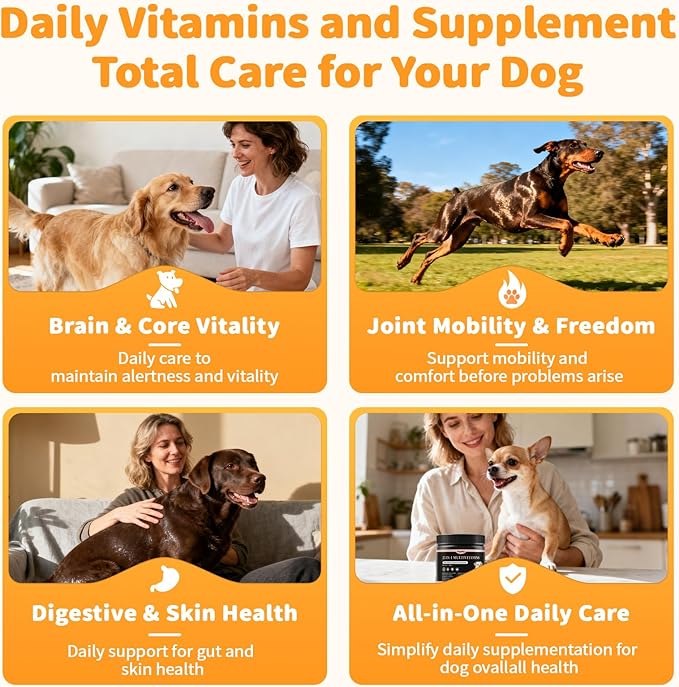 25-in-1 Dog Multivitamin Chews  All-in-One Daily Vitamins & Supplements for Dogs, Joint Support with Glucosamine MSM, Omega-3 Skin & Coat, Gut, Heart & Brain, All Breeds & Ages, Beef, 60Ct
