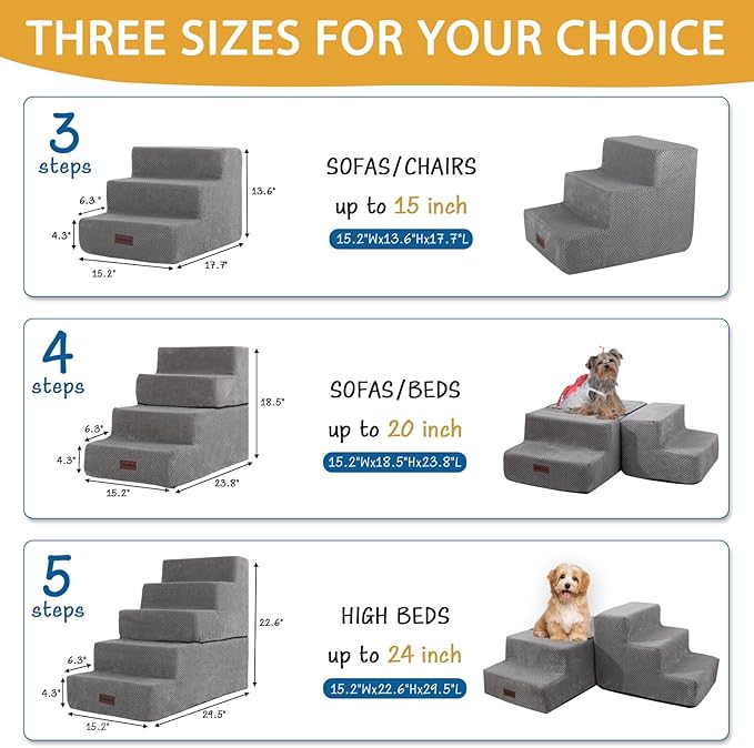 Dog Stairs for Small Dog, 4-Step Dog Steps for High Beds and Couch, Non-Slip Pet Stairs for Small Dogs and Cats,Dog Bed Stairs, Grey, 3/4/5 Steps