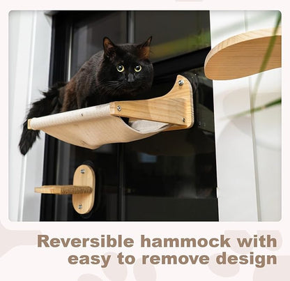 Window/Wall Mount Cat Wall Shelves by Pet Savvy – Cat Hammock (Oatmeal), Scratching Post with Landing, Two Steps – Natural Pine, Jute Rope, Sized for Cats up to 25lbs – 4 pc Set