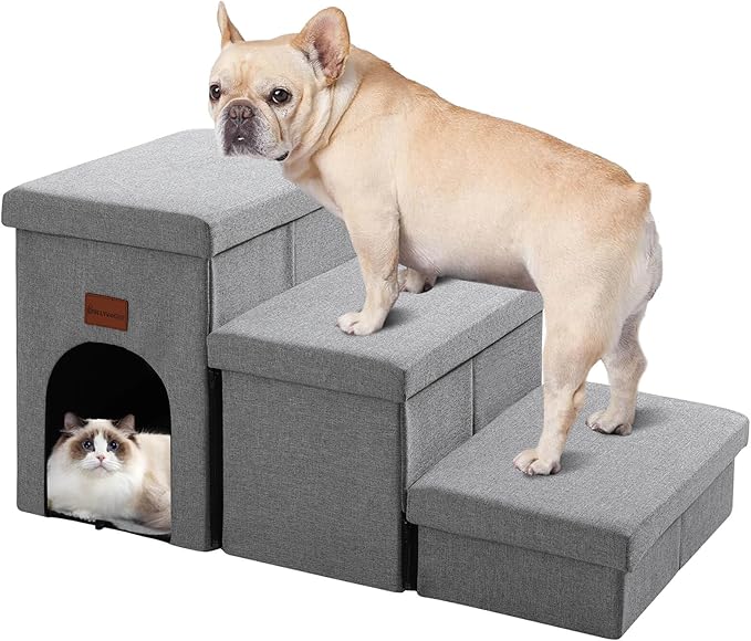 JOLLYVOGUE Dog Steps for Small Dogs, Cat Stairs with Storage, Non-Slip Dog Steps for Beds Couches, Foldable Pet Stairs Helper for High Beds, Dog Ramp for Small Cats, 3-Tiers, Hold Up to 200 lbs