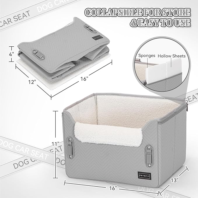 PETSFIT Dog Booster Seat, Portable Dog Car Seats for Small Dogs with Clip-On Leash, Patented Safe Buckles, Dog Booster Car Seat Suitable for Small Pets Up to 25lbs (Light Grey)