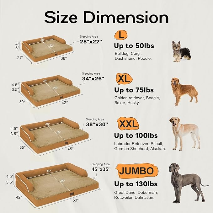 Large Dog Bed Orthopedic Washable, Orthopedic Dog Beds for Large Dogs with Washable Cover, Removable Bolster and Non-Slip Bottom Orange Large Dog Beds, XL XLarge Extra Large Dogs