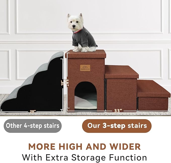 Dog Stairs with Storage 17.5" H, Dog Steps for High Beds, Folding Pet Stairs for Small Medium or Large Dogs Puppy for Bed and Couch, Dog Ramp for Car Hold Up to 200 lbs (Brown, 3 Steps with Condo)