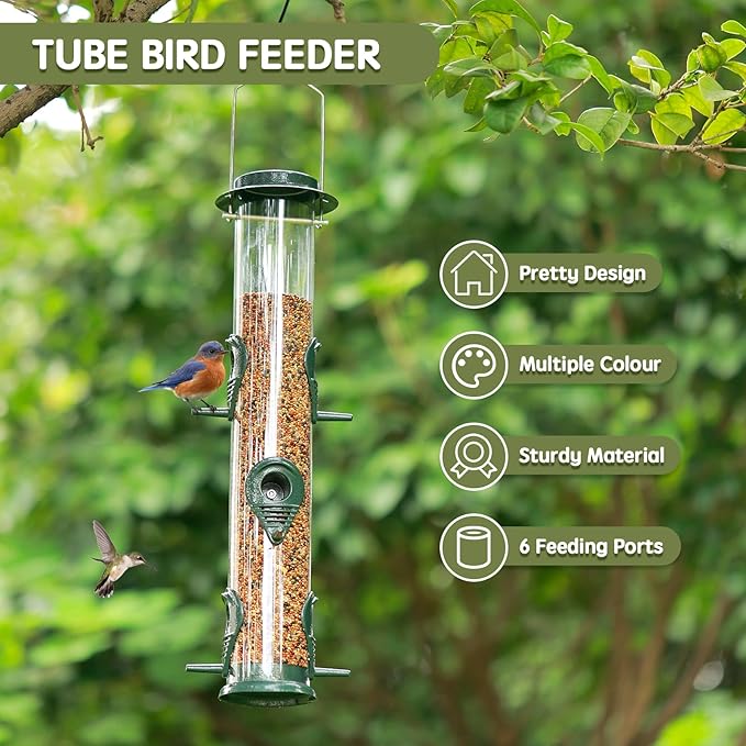Metal Bird Feeder Tube Hanging Wild Bird Seed Feeder Aluminum Six Port Bird Feeders,1.4 mm Extra Thick Solid Tube Transparent with Steel Hanger Great for Attracting Birds