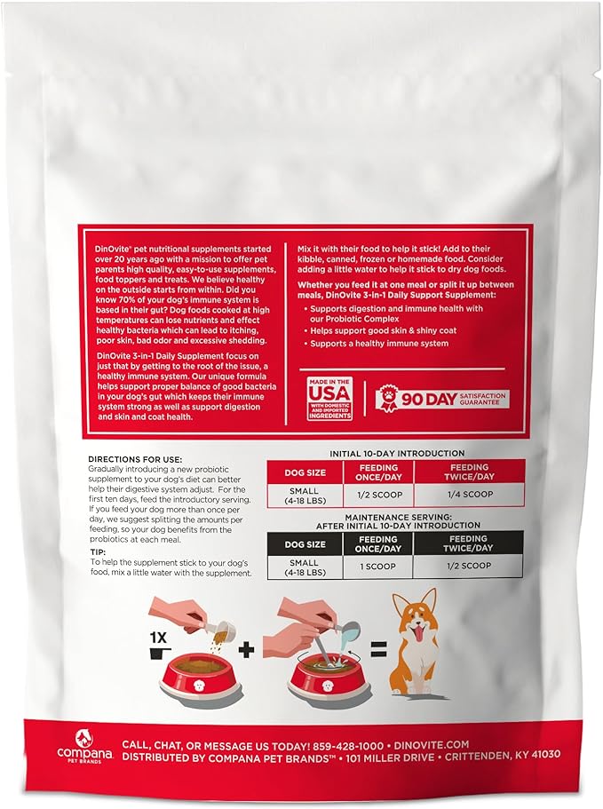 Dinovite Dog Probiotics for Yeast, Itchy Skin and Itchy Ears - Daily Skin & Coat, Digestive, and Immune Support for Small Dogs 1-18lbs  90-Day Supply, Omega 3 Fatty Acids, Essential Pre & Probiotics