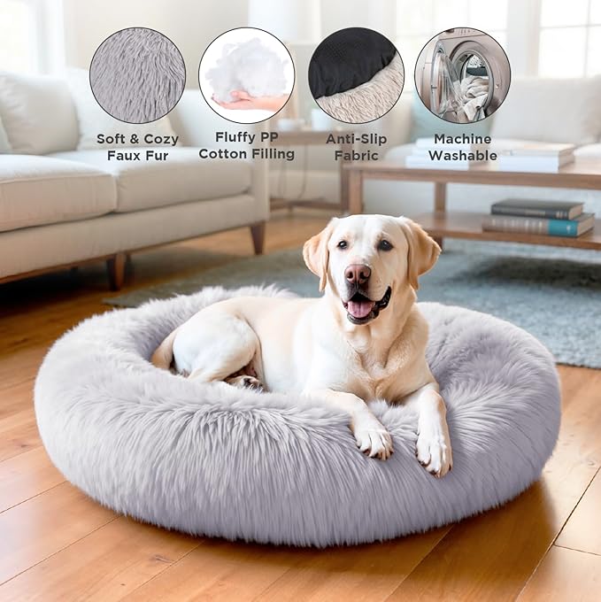 Large Donut Dog Bed, Calming Dog Bed Washable Ideal for Small to Large Dogs and Cats & Round Dog Bed,Anti-Anxiety Multiple Sizes (Light Grey, Combo Large (37.5" L x 37.5" W x 8.5" Th))