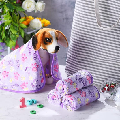 Tatuo 4 Pcs Dog Blanket Pet Puppy Blanket Puppy Teething Toys Paw Print Fleece Blanket for Pet Cat Soft Warm Sleep Mat Guinea Pig Cage Blanket(Small(24 x 16 Inch),Purple)
