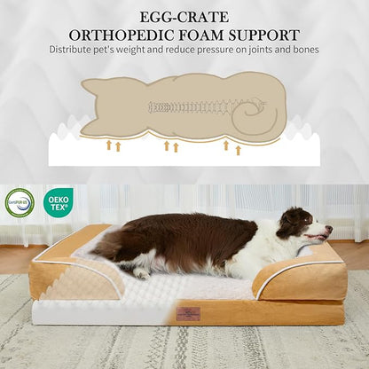 Large Dog Beds Waterproof, Orthopedic Dog Beds for Large Sized Dogs, Comfy Pet Bed Sofa with Washable Removable Cover & Non-Slip Bottom(Large,Khaki)