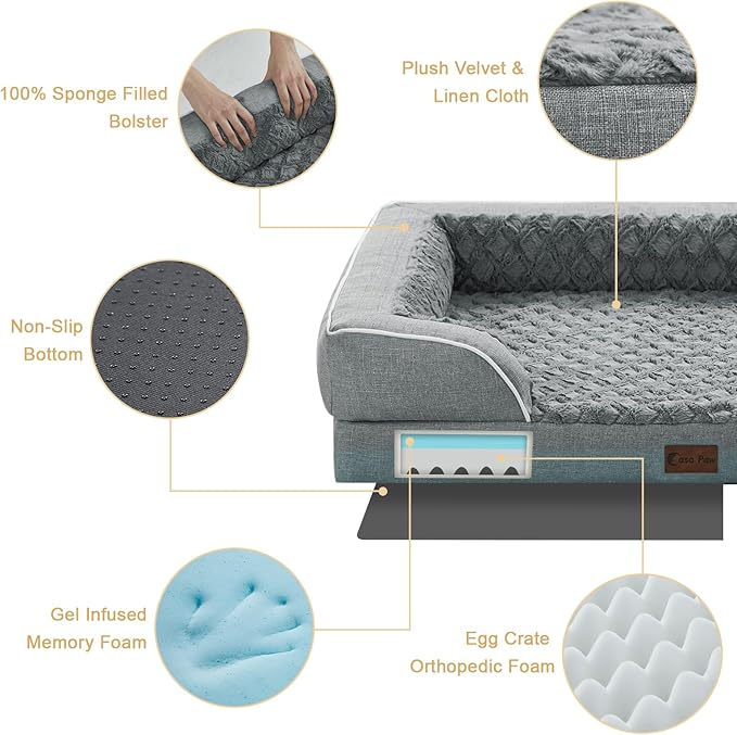 Memory Foam XXL Dog Bed with Bolsters, Cooling Dog Beds for Extra Large Dogs, Waterproof Orthopedic Dog Couch Bed with Removable Washable Cover and Nonskid Bottom(XX-Large,Grey)