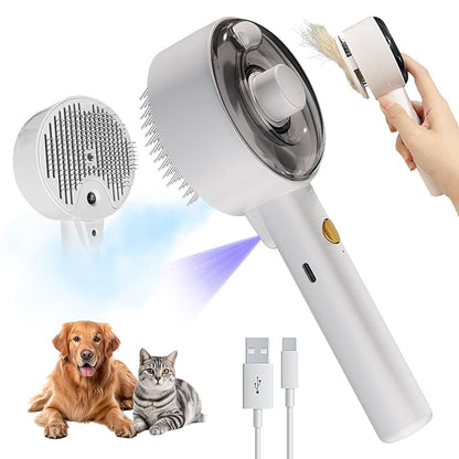 Donut 2-Gear Pet Steam Slicker Brush With UV, 4-in-1 Detangler Spray Dematting Brush For Shedding, Hair Remover With Release Button. For Indoor Long Or Short Hair Dogs, Cats, Rabbits. (White)