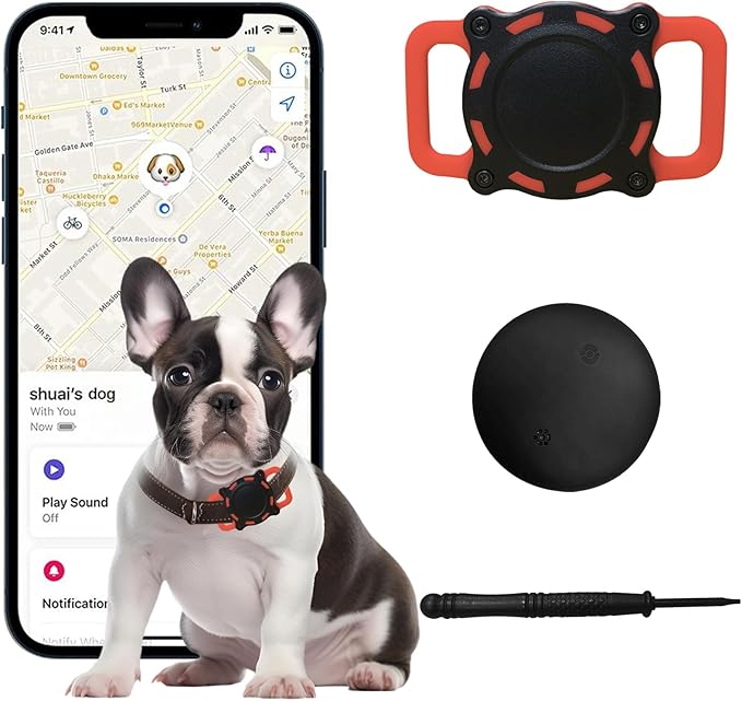 Dog Tracker, Pet Location Tracker with Collar Holder for Dogs, Waterproof Bluetooth Pet Collar Protector, Item Finder MFi Certified, No Subscription Fee, iOS Compatible (Black and Red)