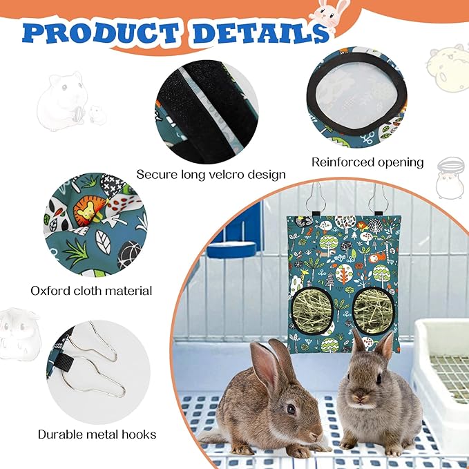 3 Pcs Rabbit Hay Feeder Bag, 2-Hole Hanging Hay Feeder Guinea Pig Hay Bags Washable Bunny Hay Bag for Rabbits Chinchillas Hamsters Small Pets and Animal (11.8"×8.7")