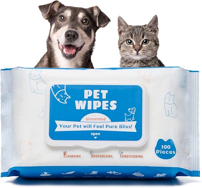 Dog Wipes for Pets Cats-100 Count All Purpose Unscented Wet Wipes for Paw Butt Cleaning,Grooming,AlcoholFree,Vitamin E,pH Balanced