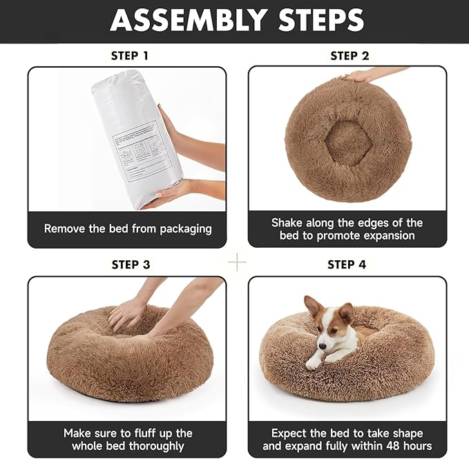 OhGeni Calming Donut Dog & Cat Bed Pillow, Machine Washable Plush Warming Bed, Anti-Slip Round Cuddle Comfort Pet Bed, Pillow Design Cozy Fluffy Faux Fur Bed for Small Medium Dogs, Ocher, 23 inches