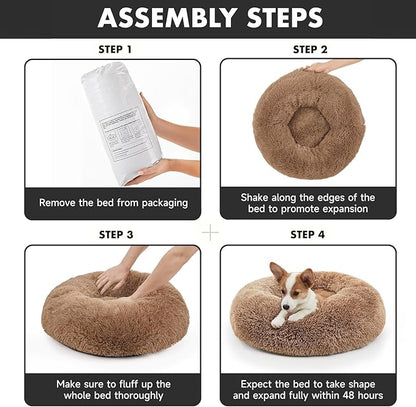 OhGeni Calming Donut Dog & Cat Bed Pillow, Machine Washable Plush Warming Bed, Anti-Slip Round Cuddle Comfort Pet Bed, Pillow Design Cozy Fluffy Faux Fur Bed for Small Medium Dogs, Ocher, 23 inches