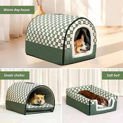 Dog House Indoor, Cozy Dog Cave Bed with Door Curtain, Cushion Mat, Removable and Washable Cover, Multi-Purpose Covered Dog Bed & Cat House for Small- Medium Dogs