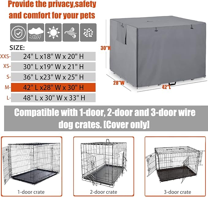 42Inch Wire Dog Crate Cover,Durable Windproof Privacy Polyester Pet Kennel Covers,Breathable Blackout Cover for 1/2/3 Door Dog Cage. (42" L x 28" W x 30" H,Grey)
