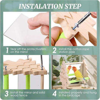 Small Bird Mirror Parrot Swing,Bird Stand Perch Toy,Double Sided Mirror Swing with Chew Flower Perch Safe Parakeet Budgie Cockatiel Cage Accessories for Biting Anxiety.