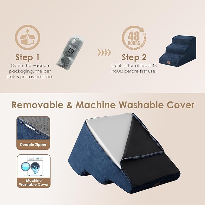 EHEYCIGA Curved Dog Stairs Ramp for Small Dogs 15.7" H, 3-Step Dog Steps for Couch Sofa and Chair, Pet Stairs for Cats, Non-Slip Balanced Pet Steps Indoor, Navy