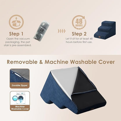 EHEYCIGA Curved Dog Stairs Ramp for Small Dogs 15.7" H, 3-Step Dog Steps for Couch Sofa and Chair, Pet Stairs for Cats, Non-Slip Balanced Pet Steps Indoor, Navy