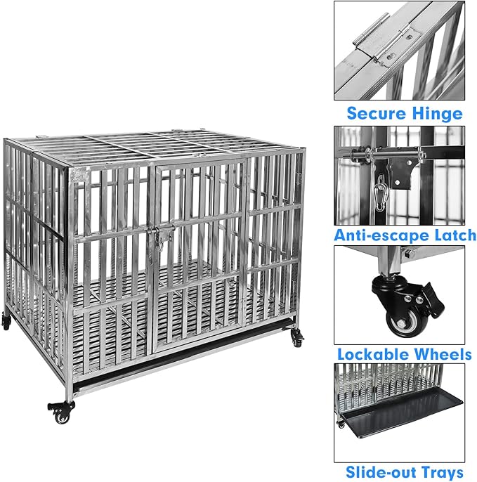 42" Stainless Steel Dog Crate Stackable Heavy Duty Pet Kennel Foldable Indestructible Dog Cage Playpen with Lockable Rolling Wheels, Double Door and Removable Tray for Medium and Large Dogs