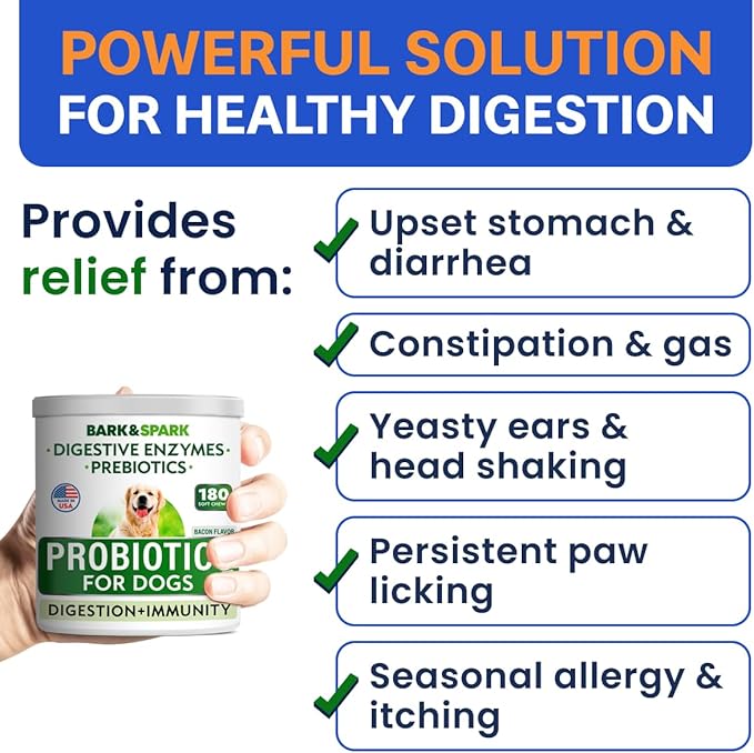 BARK&SPARK Dog Probiotics & Digestive Enzymes (Gut Health) Allergy & Itchy Skin - Pet Diarrhea Gas Treatment Upset Stomach Relief Pill, Digestion Health Prebiotic Supplement Tummy Treat (180Ct Bacon)