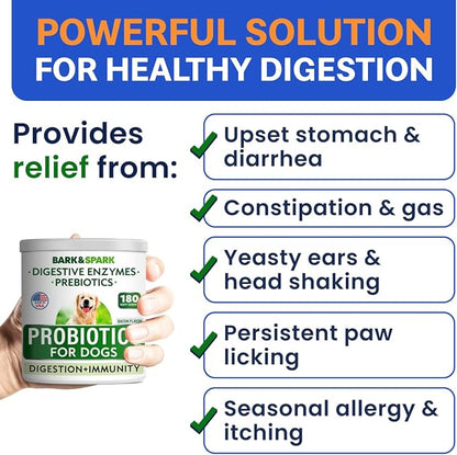 BARK&SPARK Dog Probiotics & Digestive Enzymes (Gut Health) Allergy & Itchy Skin - Pet Diarrhea Gas Treatment Upset Stomach Relief Pill, Digestion Health Prebiotic Supplement Tummy Treat (180Ct Bacon)