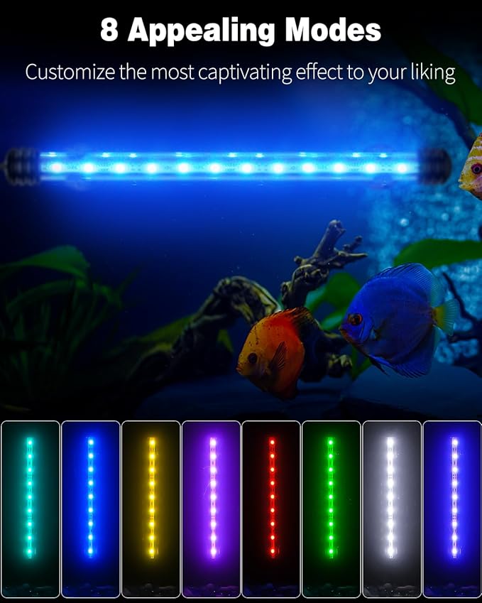 Pawfly 3 W Aquarium LED Light 11 Inch Underwater Fish Tank Light with Timer Auto On/Off Fish Tank Background Lights with 8 Lighting Modes Submersible Multi-Colored Tube Lights for Decoration