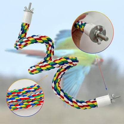 3 Pcs Bird Perch Cage Accessories Perches for Rope Cages Colorful Parrot Ropebird Flexible Parrot Toys (Large + Small) Double-Head Screw Type * 1 + Hook Cotton Rope Type * 1