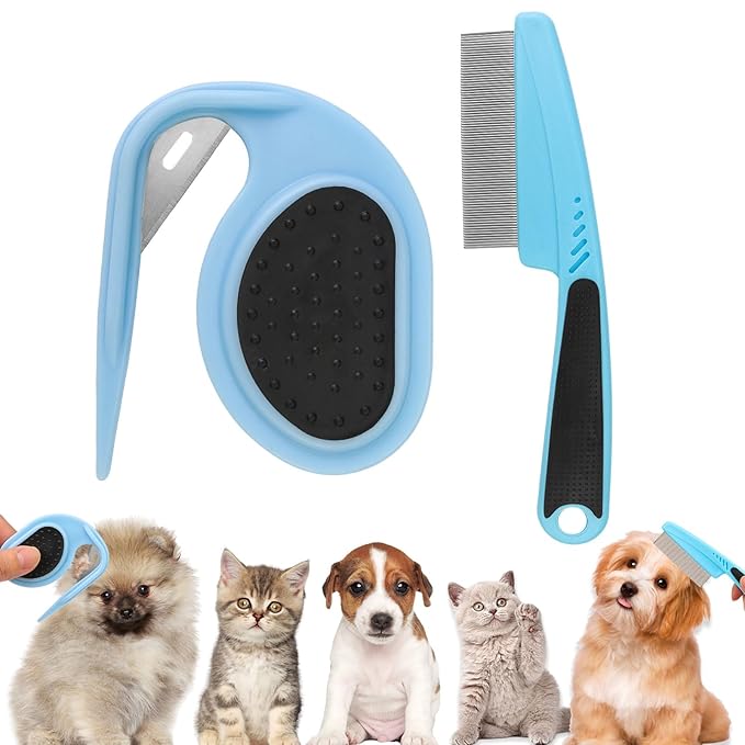 2PCS Flea Comb-Pet Knotting Comb, Tick Comb for Long Haired Pets- Remove Clumps Stainless Fine Tooth Dog Eye Comb Tear Stain Comb for Small Dogs Cat Pet Grooming Comb