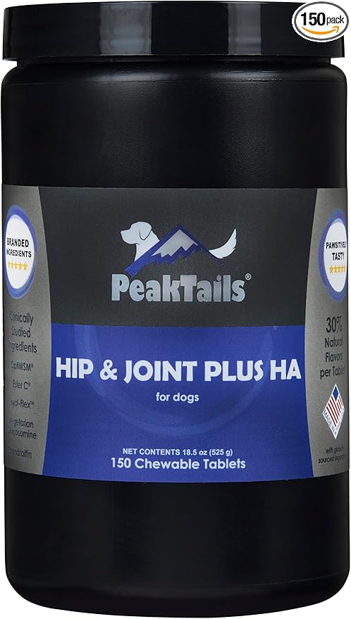 Kala Health PeakTails Hip & Joint Plus HA for Dogs  150 Tablets, Glucosamine, Chondroitin, OptiMSM, Ester-C & Hyaluronic Acid  Supports Joint Mobility & Comfort