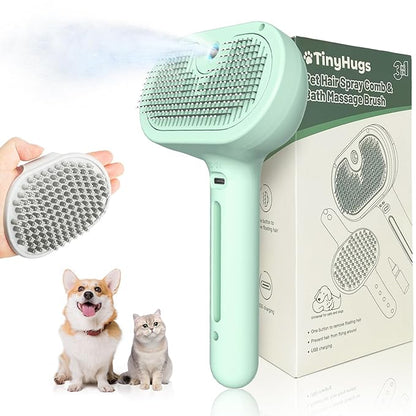 3-in-1 Self-Cleaning Pet Grooming Tool: Versatile Steam Brush for Cats and Dogs, with Bath Supplies and Detachable Bristles (Green)