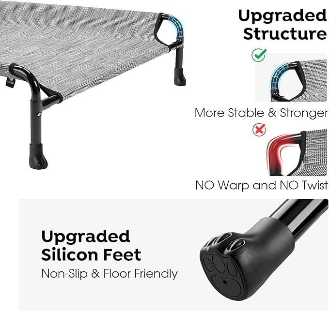 Veehoo Cooling Elevated Dog Bed, Raised Dog Beds for Large Dogs, Outdoor Dog Bed with Guardrail, Upgraded Non-Slip Feet, Breathable Teslin Mesh, Portable Camping Dog Cot, Large, Black Silver, CWC2404
