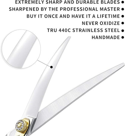 Dream Reach Professional Dog Grooming Straight, Curved, Thinning/Blending/Chunking Scissors Kit, JP-440C Stainless Steel Pet Cat Hair Cutting/Trimming Shears (7 inch-Curved Scissors)