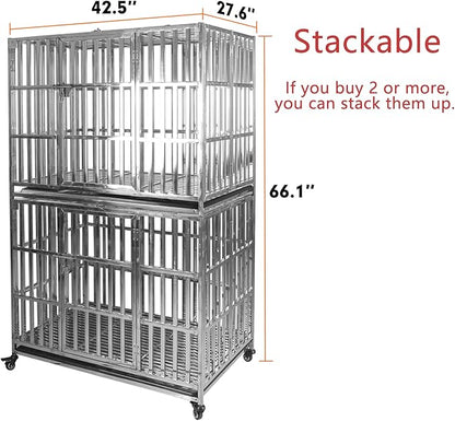 42" Stainless Steel Dog Crate Stackable Heavy Duty Pet Kennel Foldable Indestructible Dog Cage Playpen with Lockable Rolling Wheels, Double Door and Removable Tray for Medium and Large Dogs