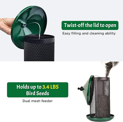 Happy Wings Portable Dual Mesh Metal Hanging Finch Bird Feeder - Durable & Heavy- Duty with 360° Perch & 2 Separate Seed Compartments - Holding Capacity: Upto 3.4 lbs (1.5 Kg) - (Natural Green)