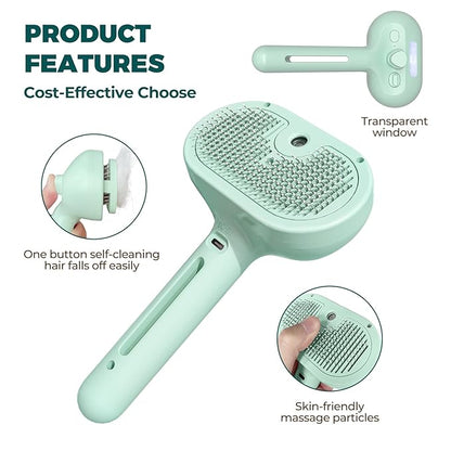 3-in-1 Self-Cleaning Pet Grooming Tool: Versatile Steam Brush for Cats and Dogs, with Bath Supplies and Detachable Bristles (Green)