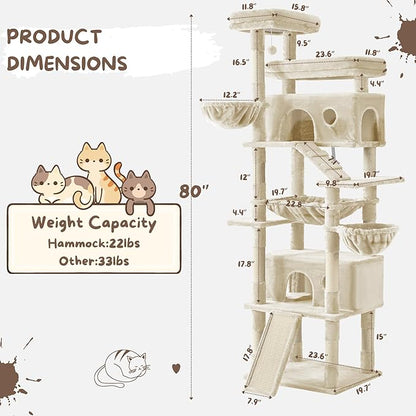 Cat Tree, 80-Inch Large Cat Tower with 9 Scratching Posts, 2 Perches, 2 Caves, 2 Basket, 2 Stairs, Extra Large Hammock, Pompoms, Multi-Level Plush Cat Condo for Indoor Cats/Beige