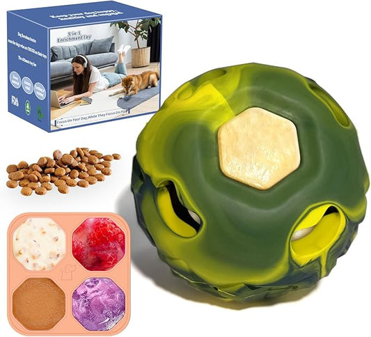 5-in-1 Dog Enrichment Toy  Bite & Brush Freeze Ball, Dog Toys, Interactive Chew Toy for Large Aggressive Chewers (25-85 lbs), Freezable Bone for Dogs, Homemade Treat Dispenser (Green, Large)