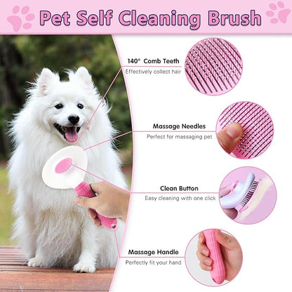 Dog Brush Dog Grooming Kit 7PCS Dog Brush for Shedding-Dog Brushes for Grooming, Dematting Comb for Dogs, Cat & Dog Nail Clipper with Nail File, Flea Comb, Pet Comb, Dog Bath Brush-Pink