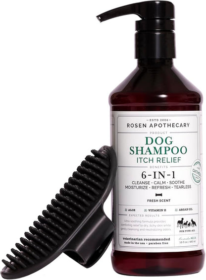 6-in-1 Itch Relief Dog Shampoo with Brush - Tearless Shampoo for Dogs Cleanses, Soothes, Refreshes and Moisturizes While Offering Itch Relief, 480ml