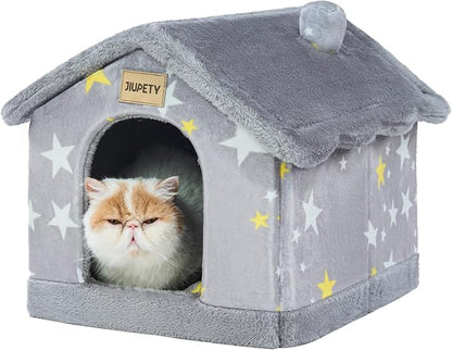 JIUPETY Cute Cat Beds for Indoor Cats, Foldable Cat House with Non-Slip Bottom, S Size Kitten Bed Up to 8 Lbs Kitty, Grey